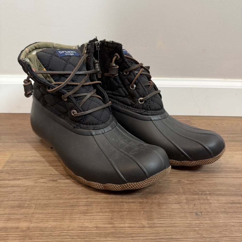 Sperry Saltwater Quilted Duck Boots Women’s 8.5 Black Side Zip Lace Up